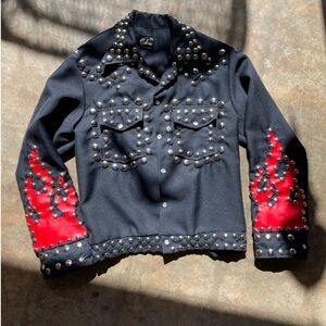 Studded Black Jacket with Red Flame Accents